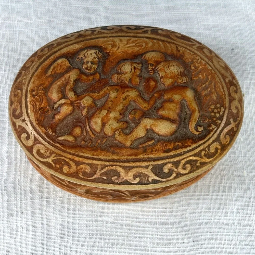 Vintage Fratelli Pugi Signa Italian Terracotta Cherub Trinket Box Oval